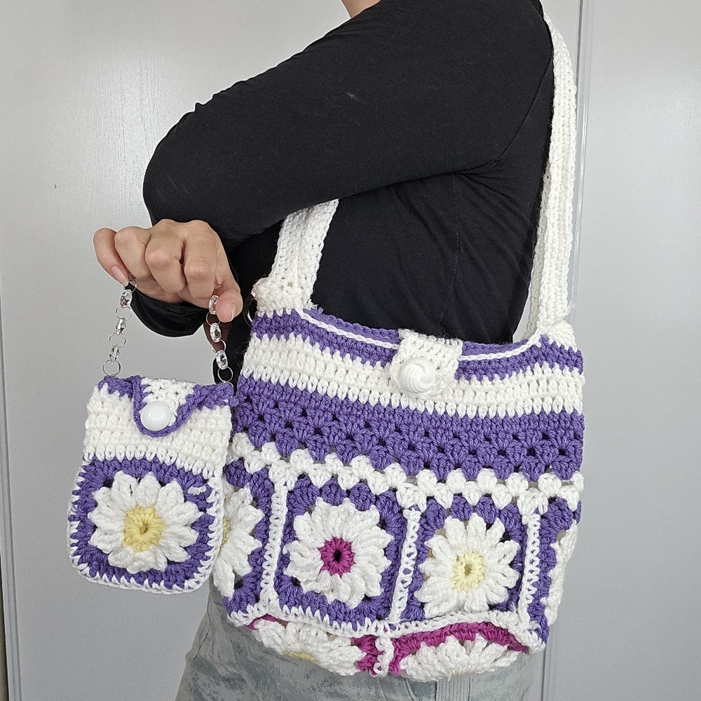 Handmade Crochet Daisy Shoulder Beach Market Bag/ Matching Cellphone Bag Boho